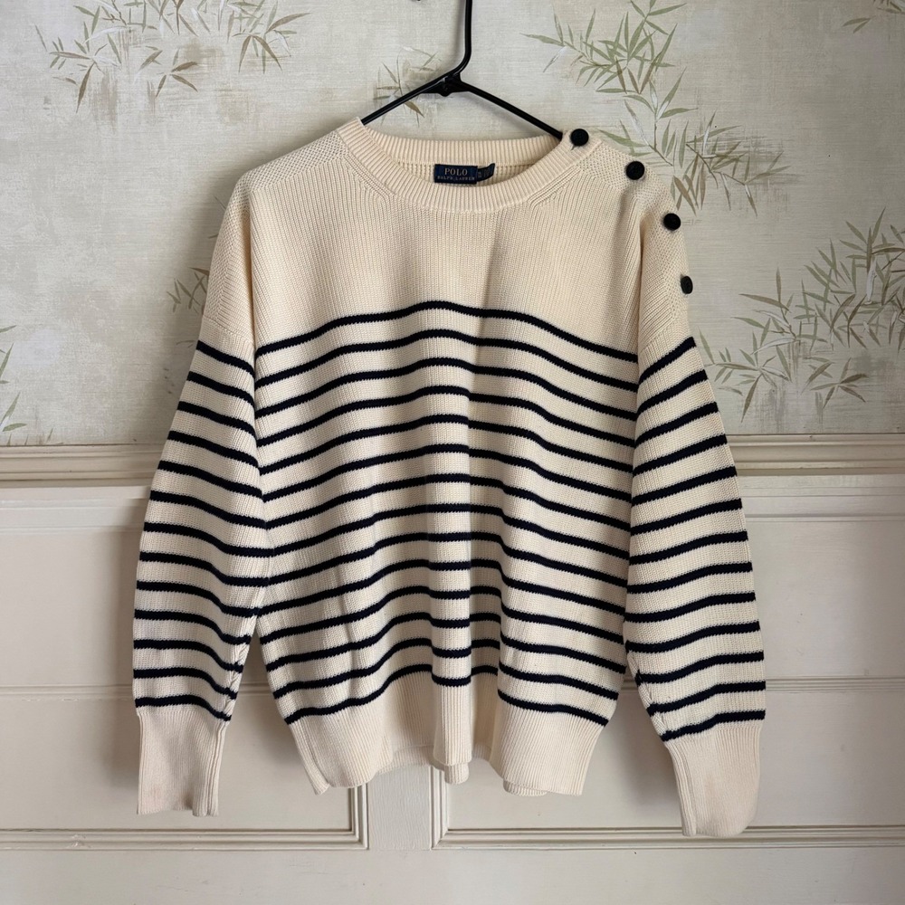 Polo Ralph Lauren Pima Cotton Striped Button Shoulder Sweater Cream Navy XL